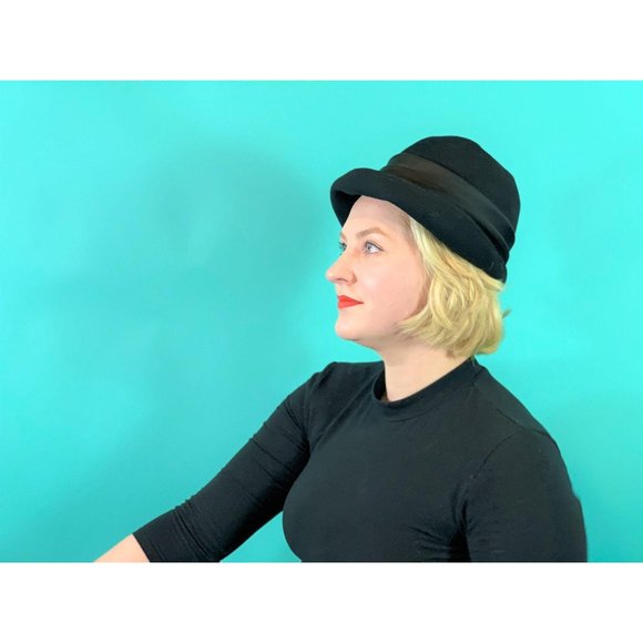 Vintage 1950s Black Fedora Henry Pollak Satin Bow Bucket Hat - Picture 7 of 10